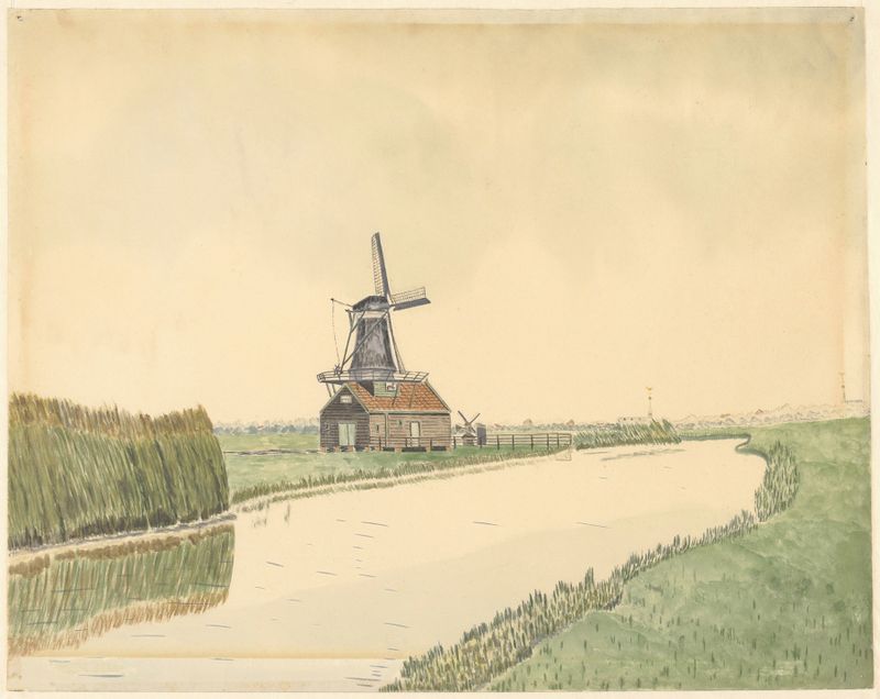 Paisagem com um moinho de vento e um rio, pintura a óleo de Johannes Nicolaas Eijman