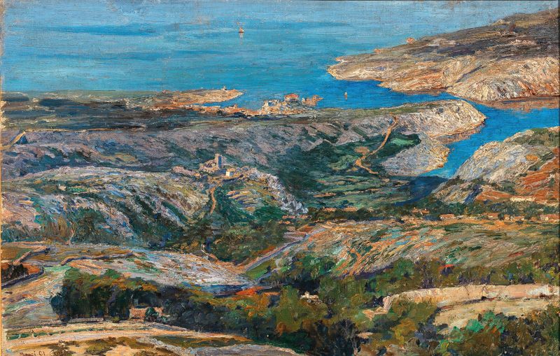 Marine scene with gentle waves and shore by Menci Clement Crnčić, oil on canvas