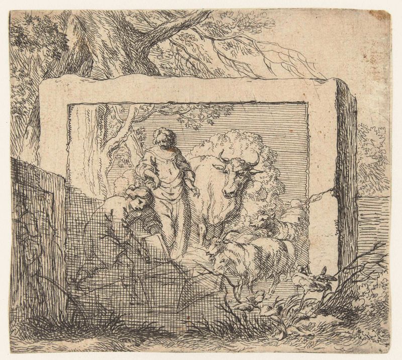 Gravura de Nicolaes Pietersz Berchem mostrando um pastor despejando água em um bebedouro.