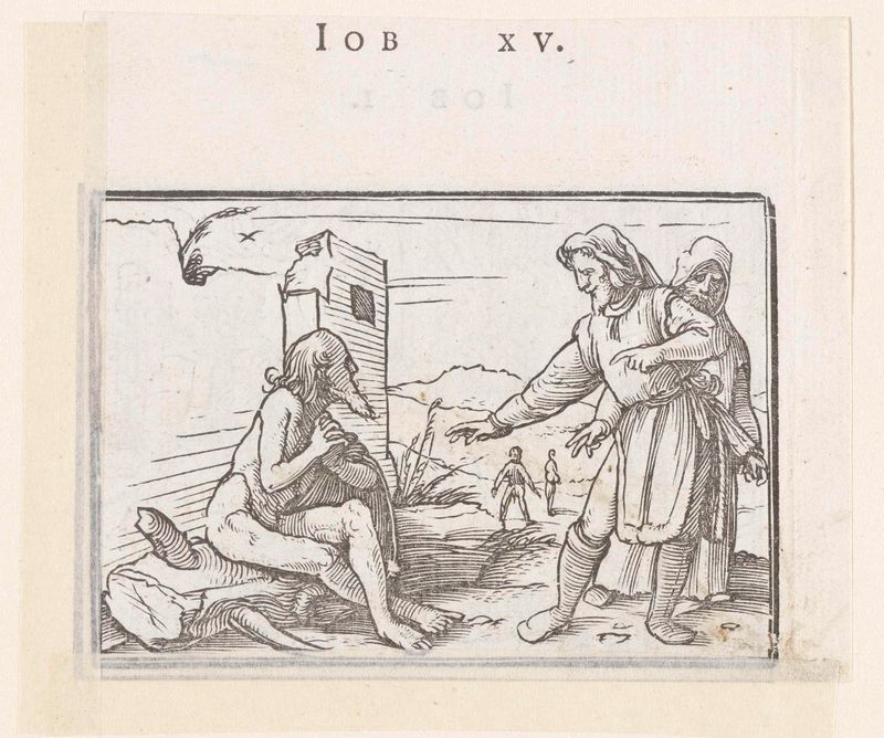 Job in discussie met vrienden, papel de Hans Holbein, representando figuras en profunda discusión.