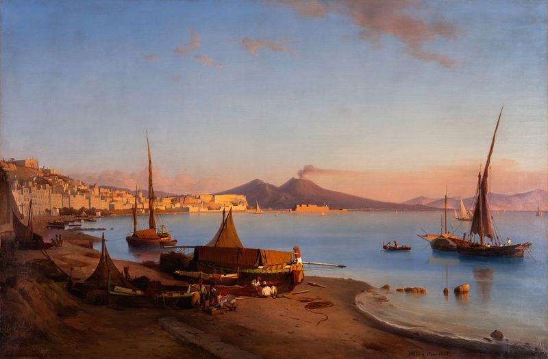 Oil painting by Joseph Magnus Stäck depicting Naples with Mount Vesuvius in the background.