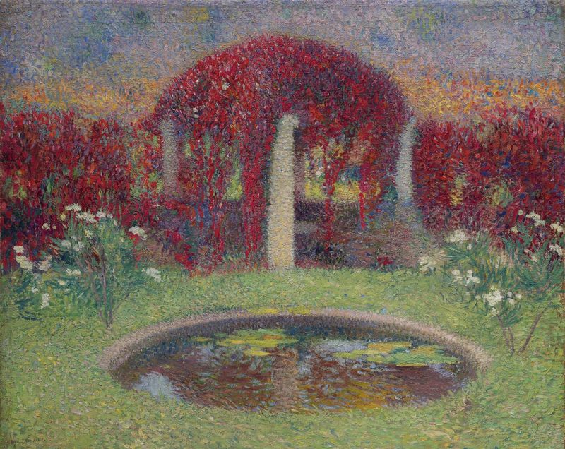Le Bassin et le tonnelle by Henri Martin, oil painting depicting lush greenery and sunlight.
