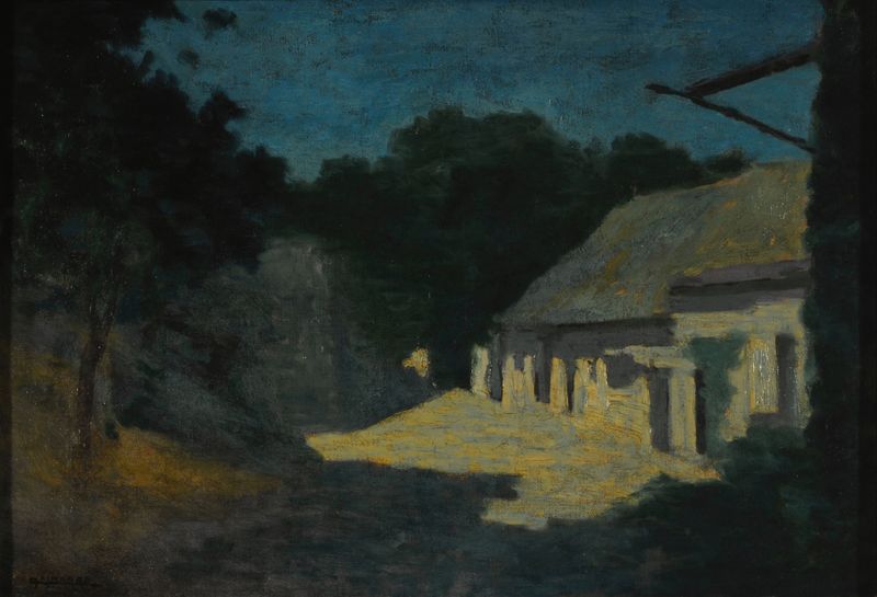 Nocturno by Martín Malharro, oil on canvas depicting a tranquil twilight landscape.