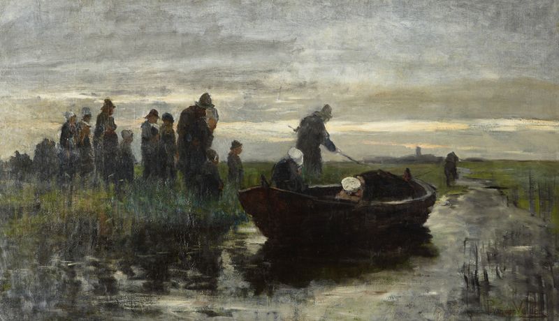 Marken funeral barge by Petrus van der Velden, oil painting of an ornate barge on water.
