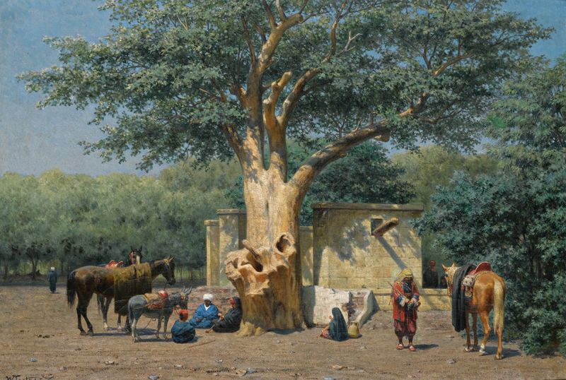 The Well And Sycamore In Ezbekieh Square, Cairo by Willem de Famars Testas, oil on canvas