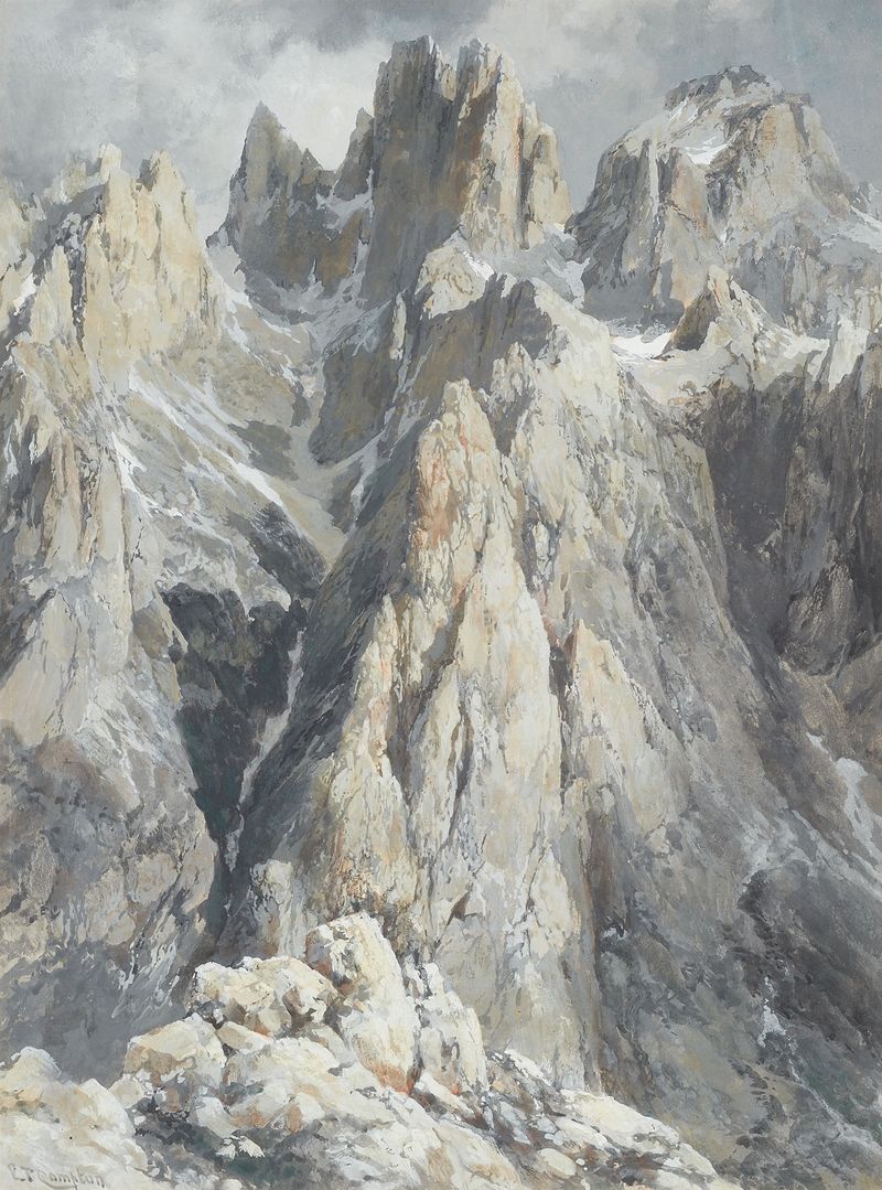 Paisaje de Edward Theodore Compton, que representa montañas y luz dorada.