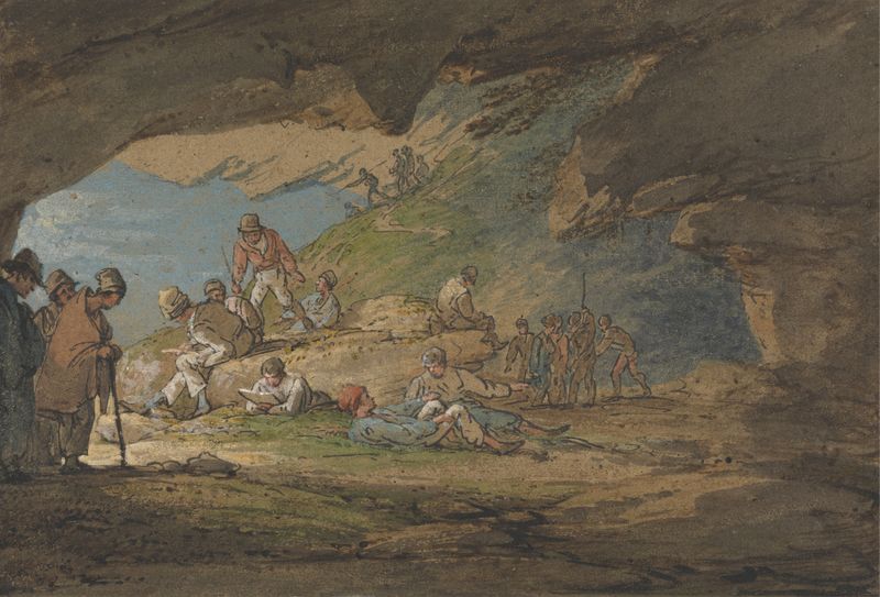 Watercolour by William Payne depicting a cave with sunlight and figures