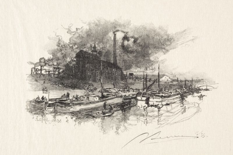 Grabado figurativo de Auguste Louis Lepère que muestra una figura solitaria en luz y sombra.