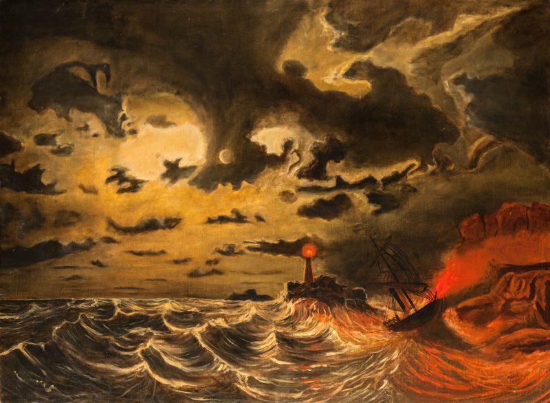 Steamer in Flames de Marcus Larson, pintura al óleo que muestra un barco en llamas en aguas turbulentas.