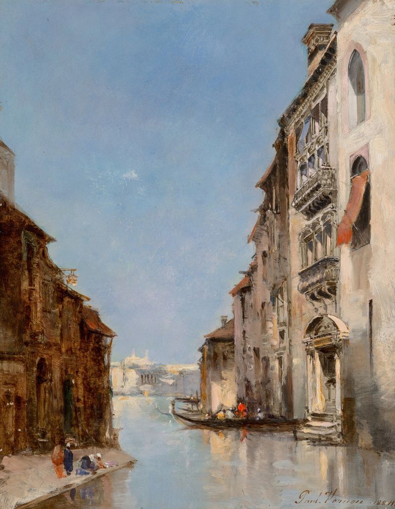 Venise by Paul Vernon, oil on canvas depicting a tranquil canal with reflections.