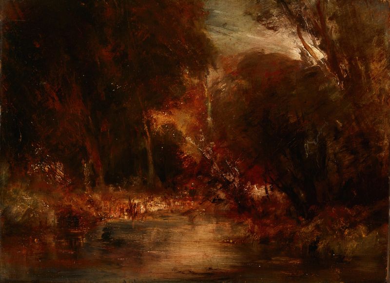 Paisagem florestal pintura a óleo de François-Auguste Ravier mostrando luz filtrada através das árvores.