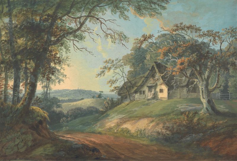 Cottage in a Landscape de Thomas Stowers, pintura al óleo que representa una tranquila escena rural.