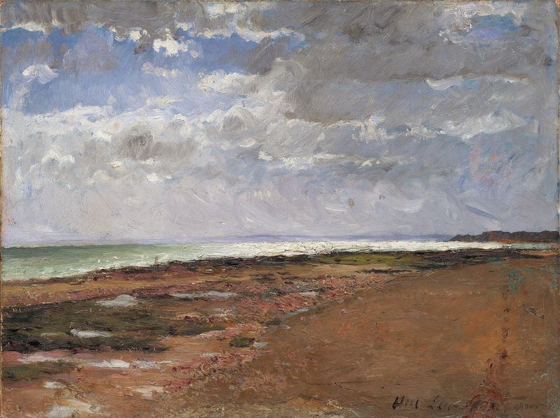 The Beach at Luc de Carl Fredrik Hill, pintura al óleo que representa una escena de playa con luz solar y suaves olas.