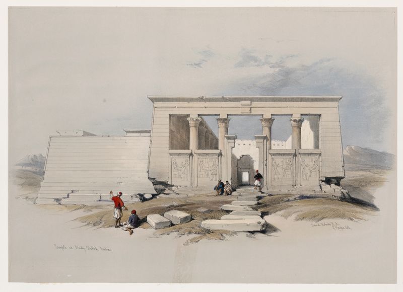 Templo en Wady Dabod de David Roberts, que representa arquitectura antigua en un entorno desértico.