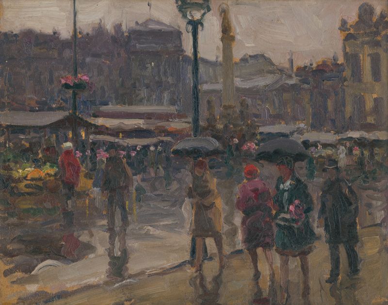 Uhoľný trh v Ostrave de Jozef Teodor Mousson, óleo sobre lienzo que representa un bullicioso mercado de carbón.