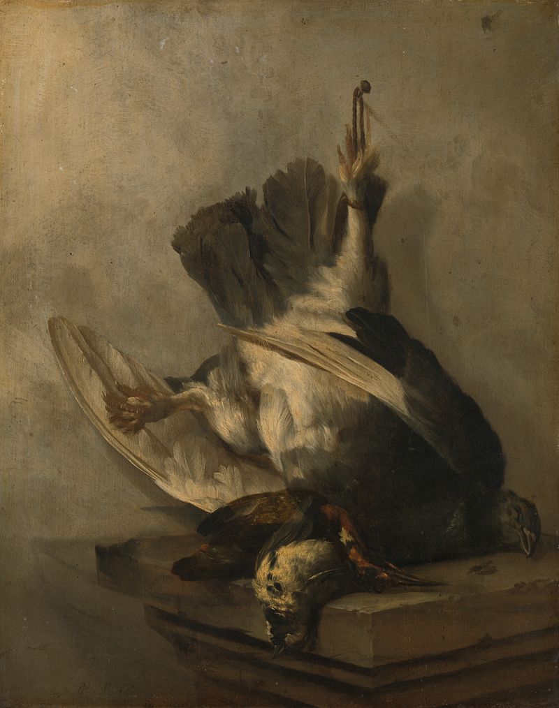 Still life oil painting by Cornelis Lelienbergh featuring a woodpecker and snipes.