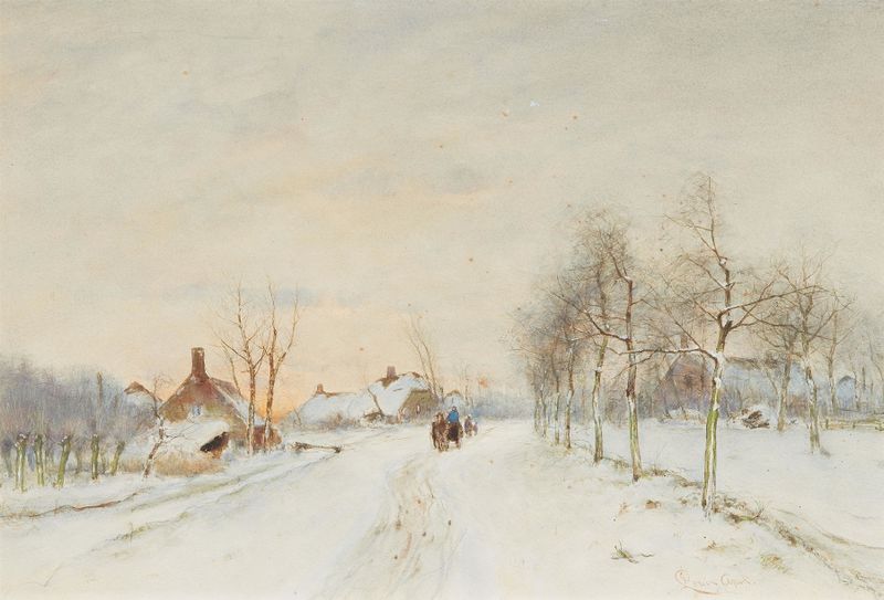 Winterlandschaft de Louis Apol, pintura al óleo de un paisaje invernal sereno con nieve y escarcha.