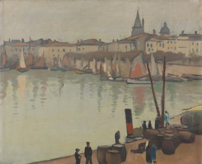 Port of La Rochelle by Albert Marquet, oil painting depicting a tranquil harbor with boats and pastel sky.