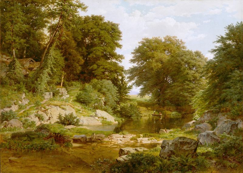 Woodland Brook de William Trost Richards, retratando um riacho tranquilo e folhagem exuberante, pintura a óleo