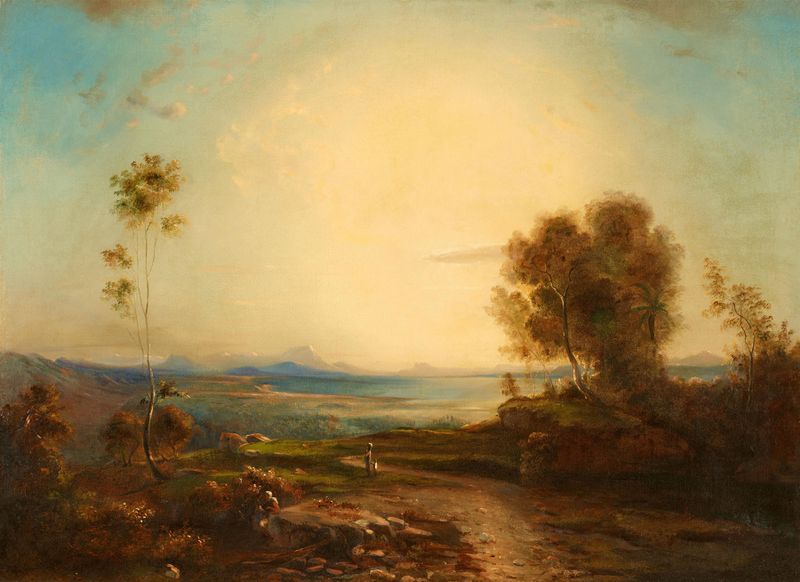 Oil painting by Carl Rottmann depicting gentle waves lapping against a rocky shore