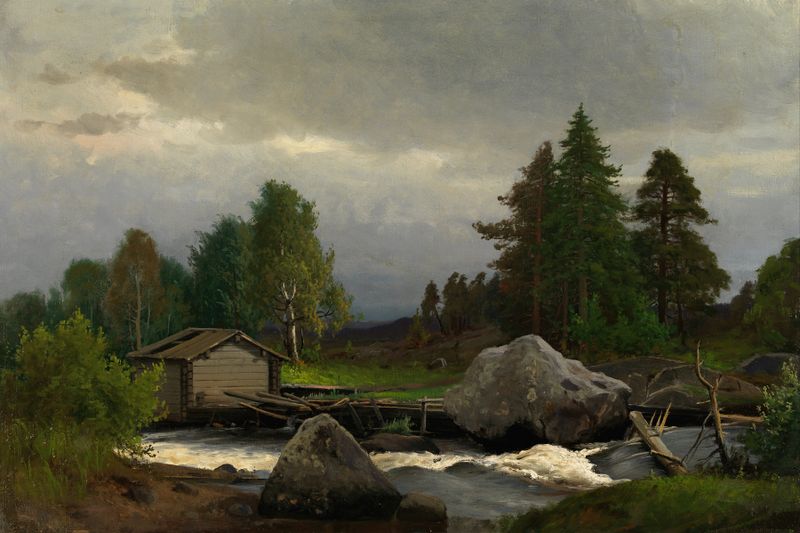 Sorsakoski de Fridolf Weurlander, pintura al óleo impresionista que representa un sereno paisaje fluvial.