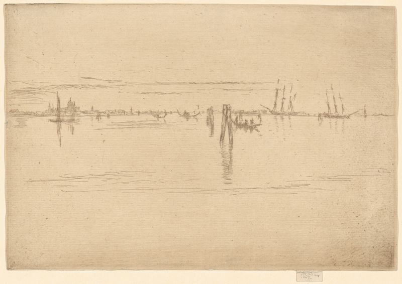 The Long Lagoon de James Abbott McNeill Whistler, óleo sobre lienzo, que representa un tranquilo lago al anochecer.