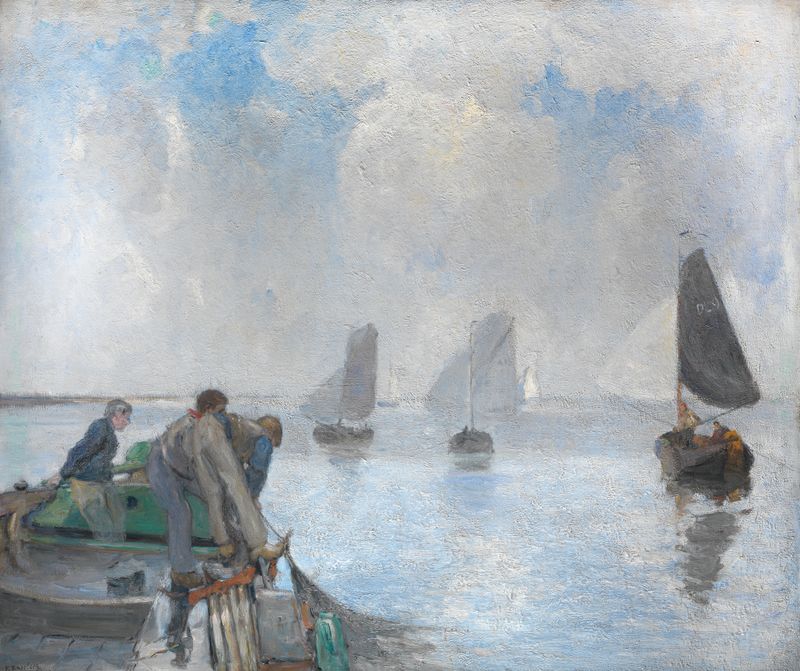 Shrimpers on the Lower Scheldt, oil painting by Richard Baseleer, depicting shrimpers on the river.