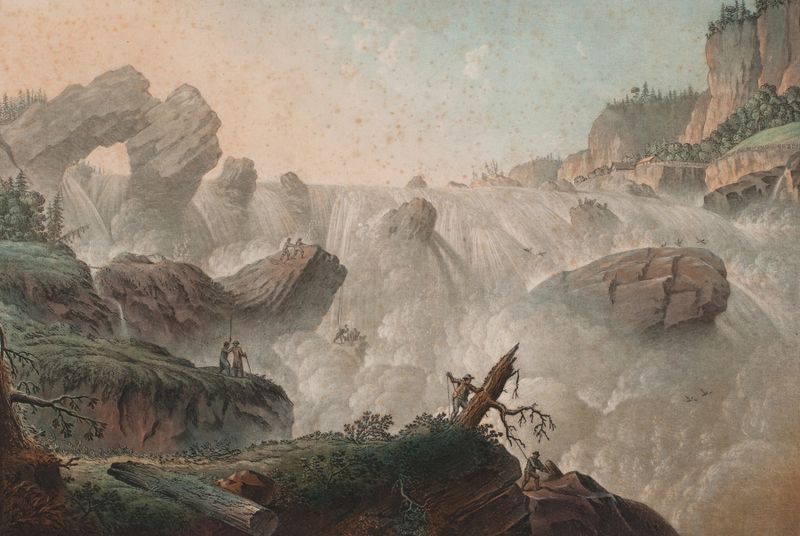 Hoffossen på Ringeriket de Erik Pauelsen, óleo sobre tela retratando uma cachoeira e uma paisagem rochosa.