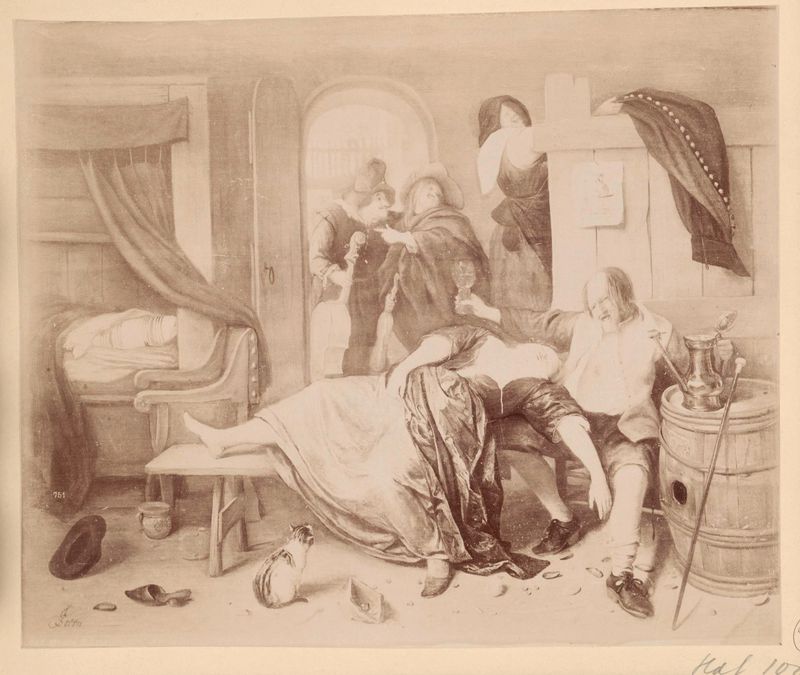 Cena de gênero de um casal embriagado, impressão em albúmina de Unknown Artist