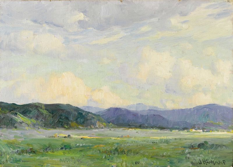 Taos Landscape de Joseph Henry Sharp, óleo sobre tela que retrata colinas onduladas e natureza vibrante.