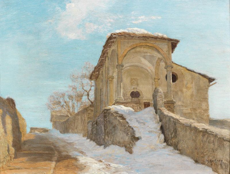 Kapelle im Winter de Thomas Leitner, óleo sobre lienzo que muestra una capilla en un paisaje nevado