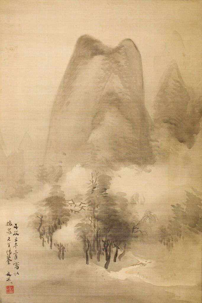 Misty mountain landscape in ink on silk by Tani Bunchō