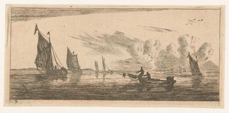 Etching by Reinier Nooms showing sailboats on the ocean.