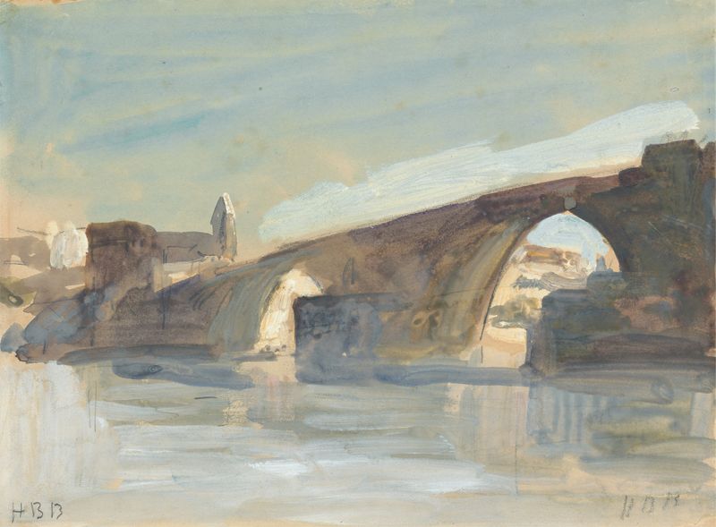 A Bridge by Hercules Brabazon Brabazon, oil painting depicting a bridge over water.