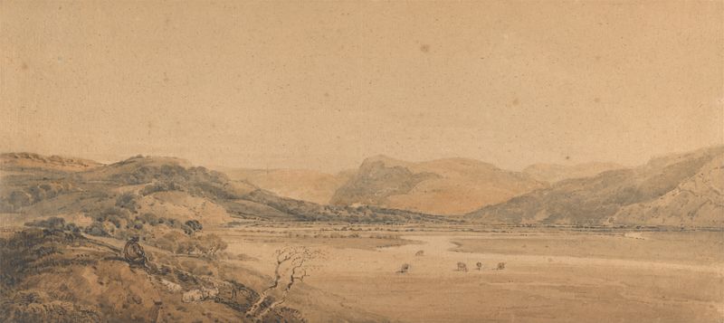 Paisagem representando um vale com um rio e montanhas por Thomas Girtin, pintura a óleo