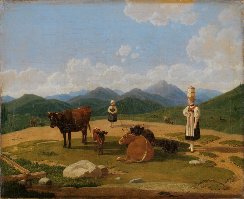 Oil painting by Wilhelm von Kobell depicting a lush mountainside with figures and golden light.