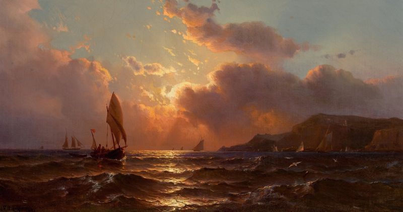 Early Morning Off the Coast de Mauritz Frederick Hendrick de Haas, pintura al óleo que muestra un amanecer marino tranquilo.