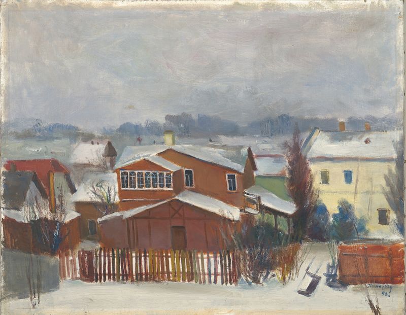Landscape from suburb of Tartu de Albert Toomapoeg, pintura a óleo que retrata uma vibrante paisagem.