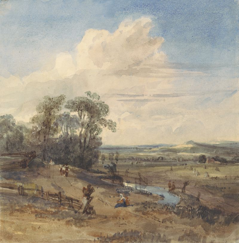 Landscape after Wynants de William Callow, óleo que muestra un cielo sereno y árboles distantes