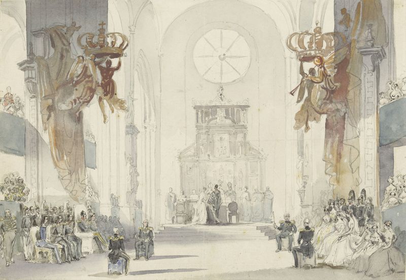 Pintura a óleo de Fritz Ludwig von Dardel retratando uma cerimônia de casamento com noiva e noivo.