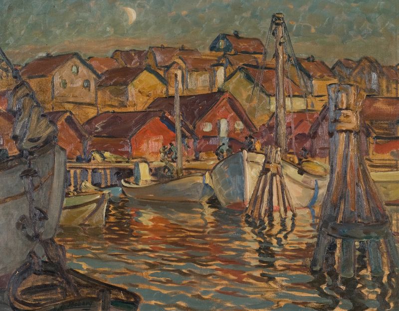 A Fishing Harbour by Anna Boberg, oil on canvas depicting tranquil water and reflections.