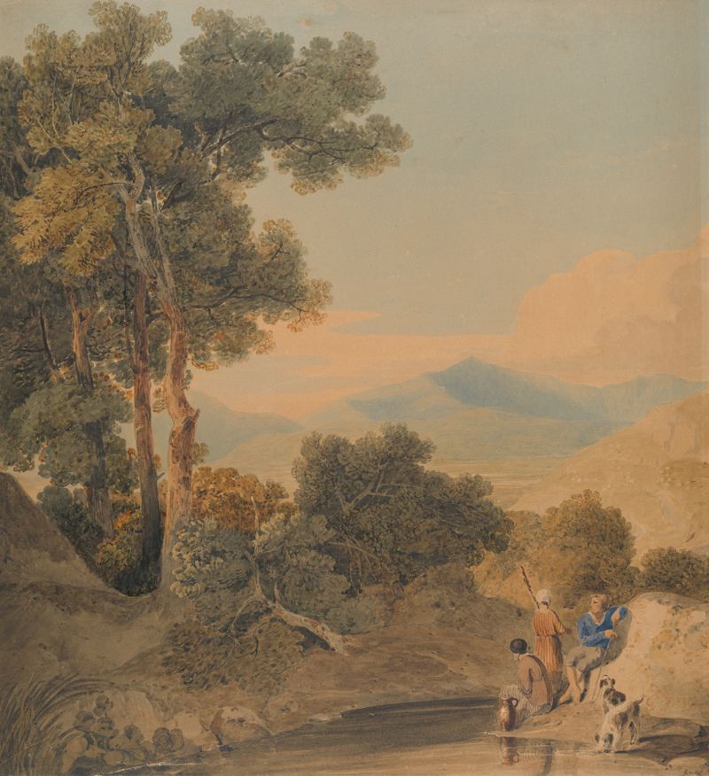 Landscape with figures by William Havell, oil painting showing hills and figures in nature.