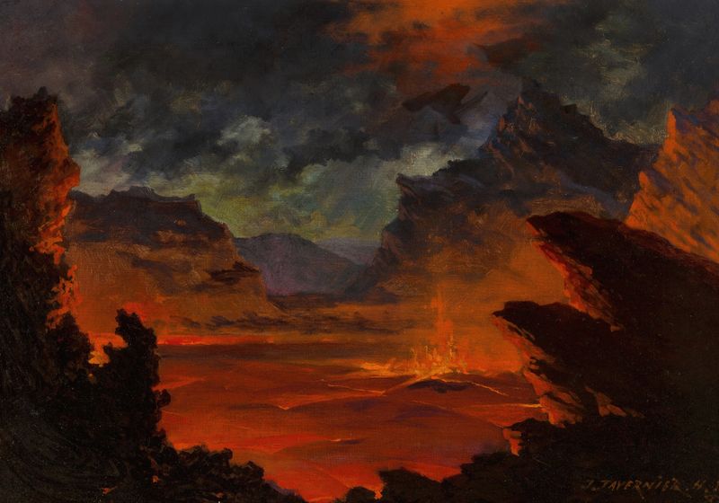 Kilauea at Night, óleo sobre lienzo de Jules Tavernier que representa lava brillante y un volcán de noche.