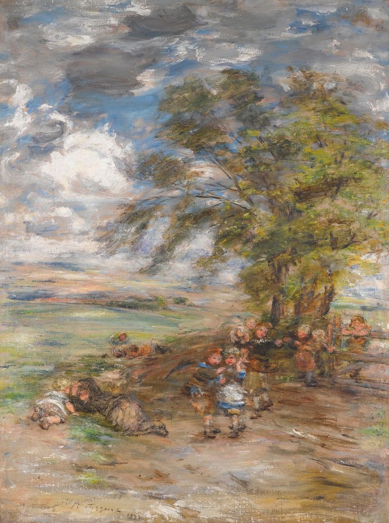 Oil painting by William Mctaggart depicting a figure at the shoreline during twilight.