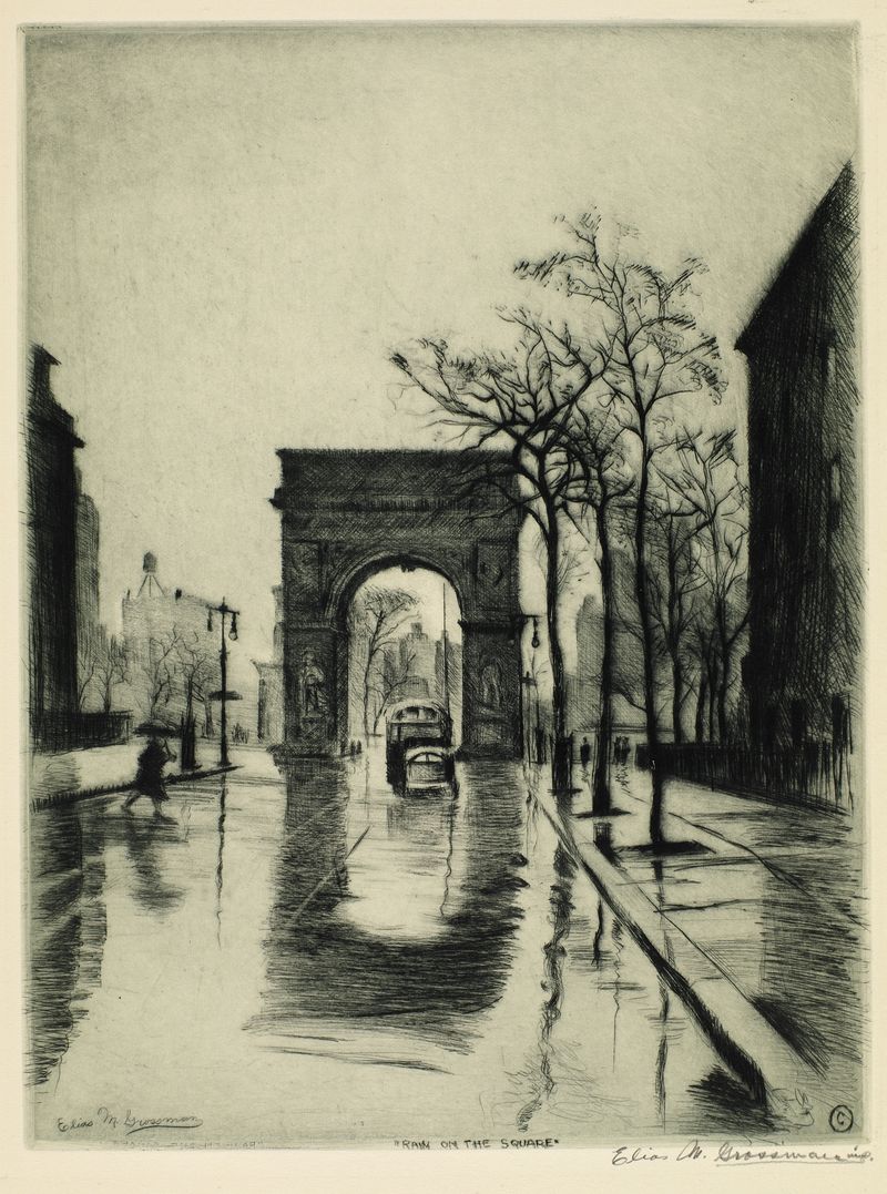 Rain on the Square by Elias Grossman, oil on canvas depicting a reflective square with umbrellas and figures.