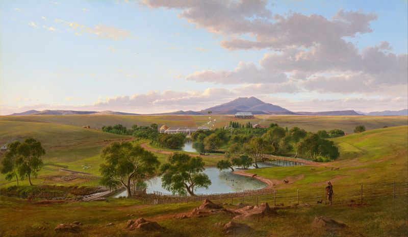 Landscape of rolling hills under a muted sky, oil on canvas by Eugène von Guérard