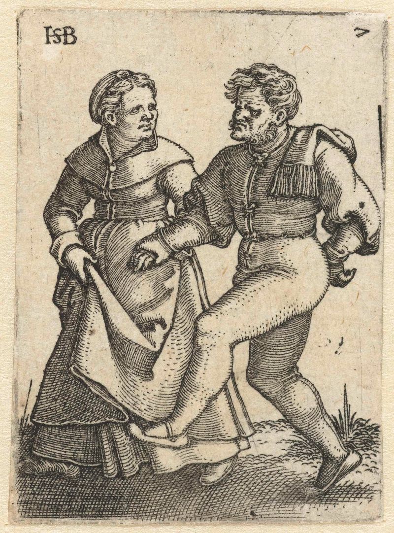 Grabado de Hans Sebald Beham de una pareja de campesinos bailando.