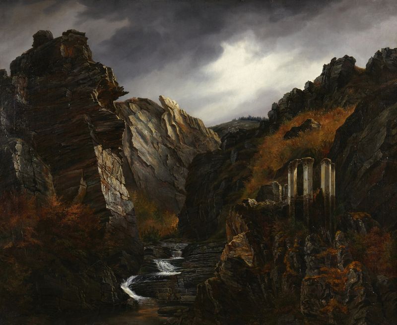 Heroic Landscape de Nikolaus Meister, pintura al óleo que muestra colinas onduladas y luz dorada