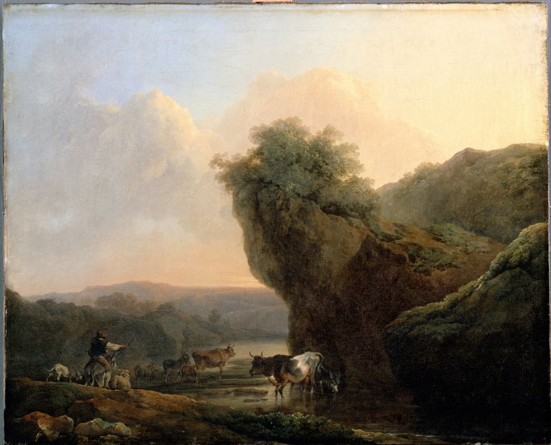 Landscape with Cattle, pintura al óleo de Philip James de Loutherbourg que representa ganado pastando a la luz dorada