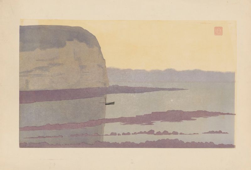 La Falaise, crépuscule (Yport) by Amédée Joyau, oil painting depicting cliffs and sea at twilight.